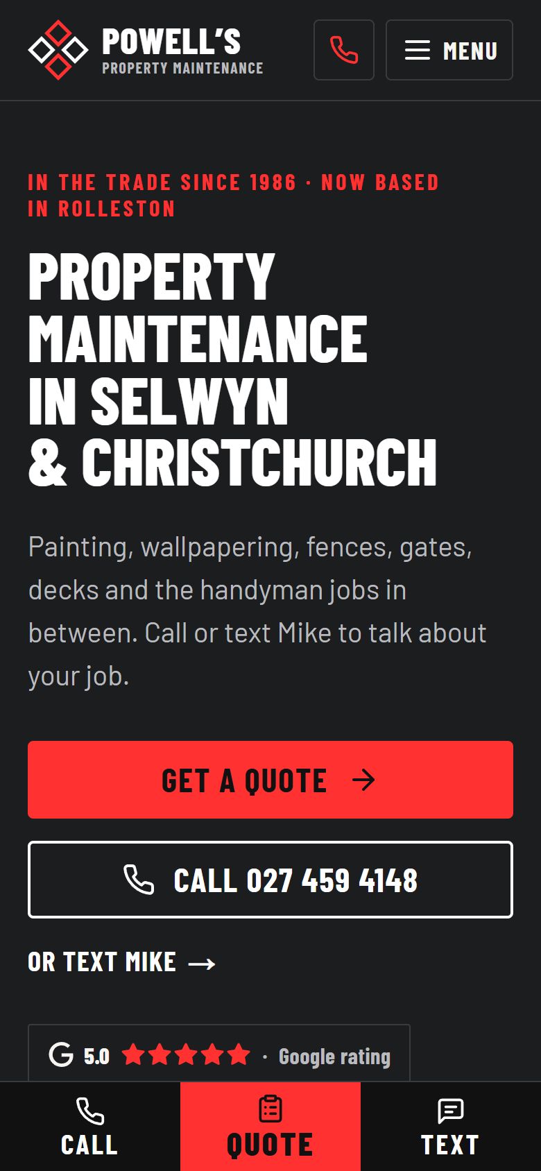The Powell's Property Maintenance website home page on a phone