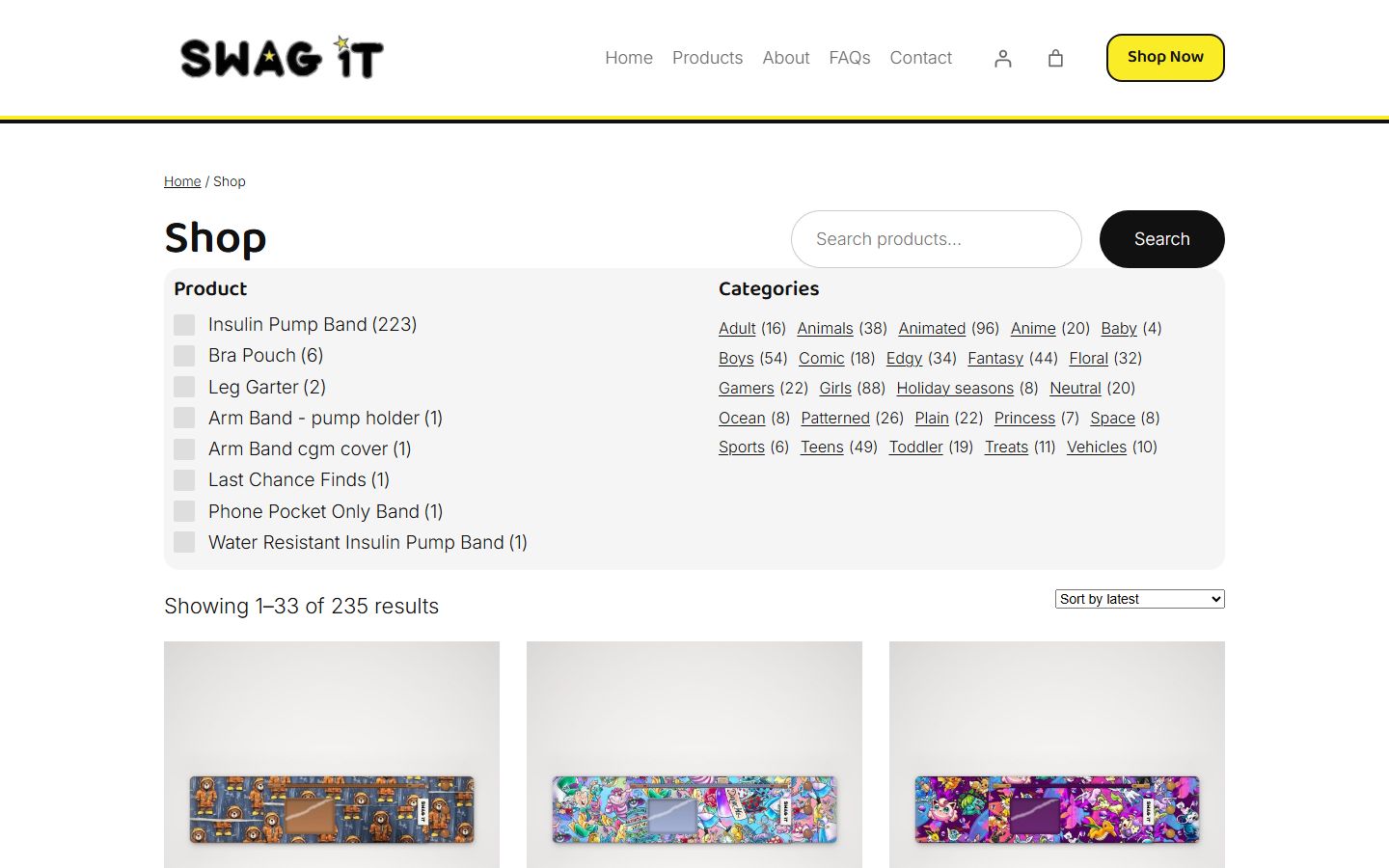 The Swag 1T shop page on a laptop, showing the product categories and the sort option