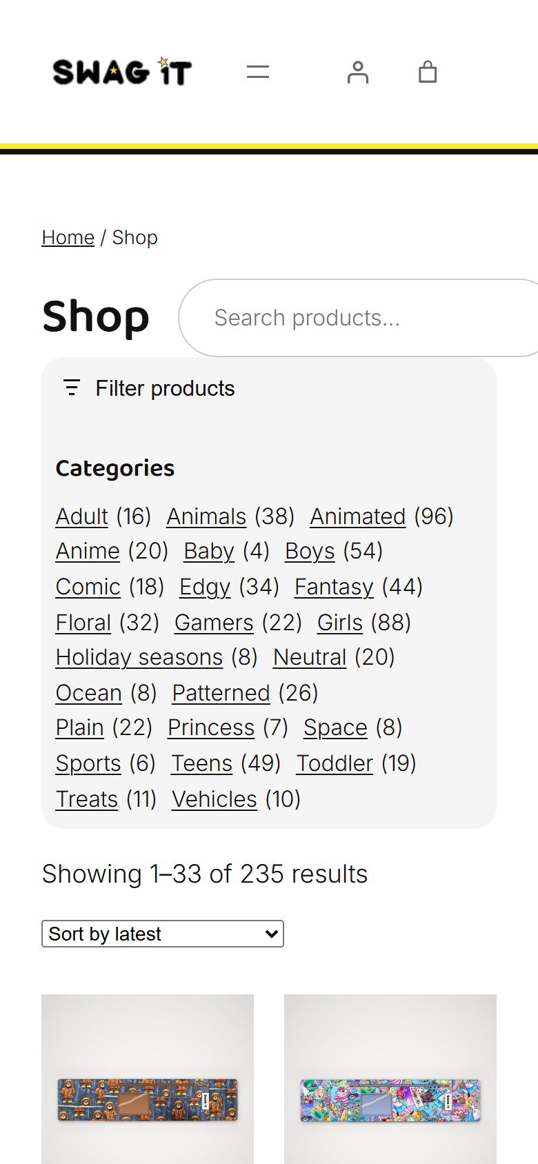 The Swag 1T online store on a phone, showing pump bands